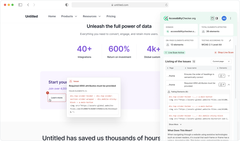 ACE Extension panel showing accessibility issues inside the browser
