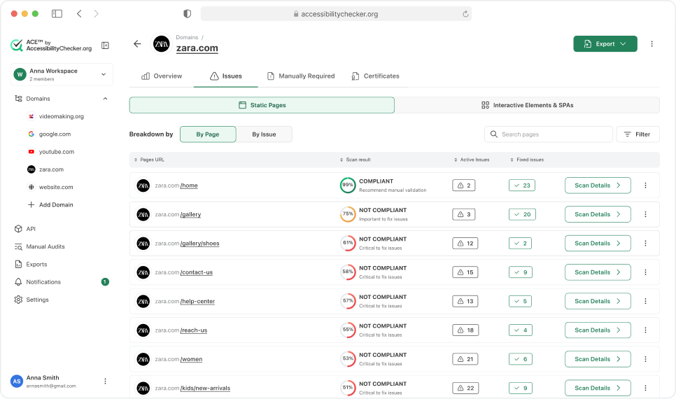 ACE Dashboard Issues Tab — By Page view grouping accessibility problems by URL showing page-level compliance gaps