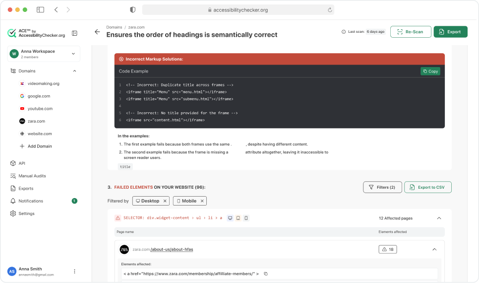 ACE Dashboard Issues Tab — Issue detail view with remediation guidance, code examples, CSS selectors, affected pages list, and disability impact classification