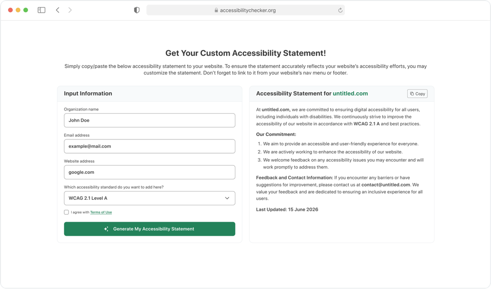 Accessibility statement generator interface in the LiveStatement workflow
