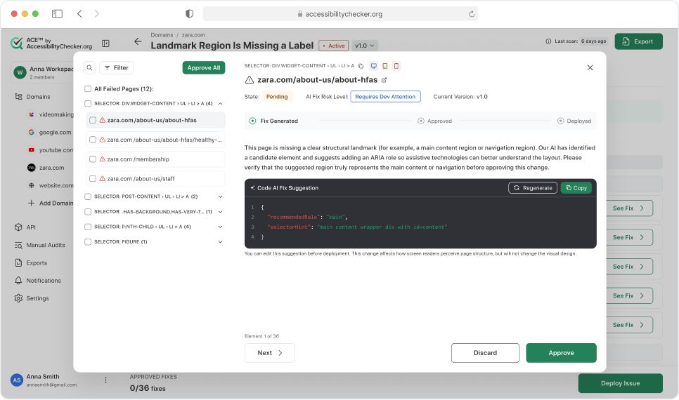 SmartFix approval workflow panel showing AI fix suggestion with approve, discard and regenerate options
