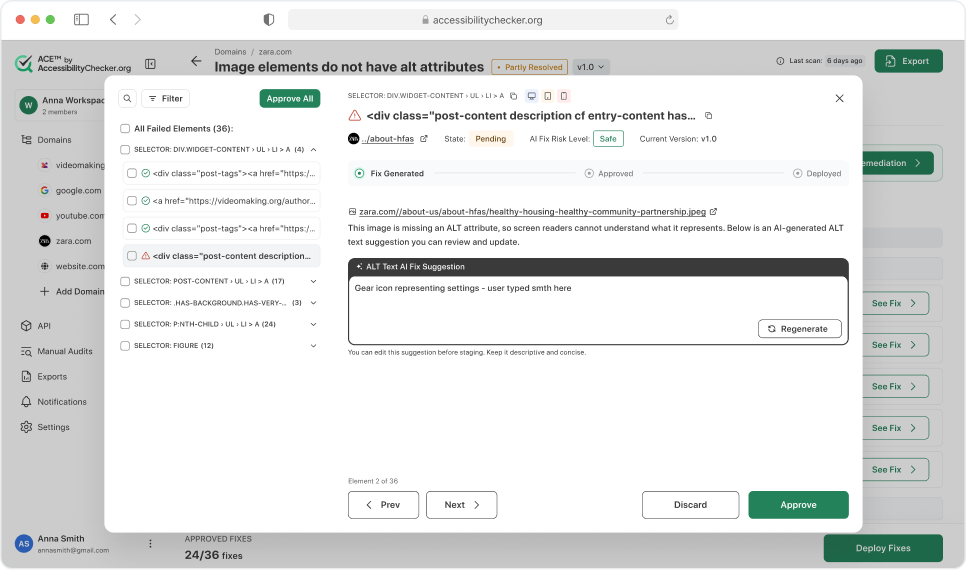 SmartFix interface showing AI-generated fix suggestion with approve and discard options