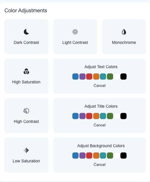 Color adjustments in the accessibility widget section