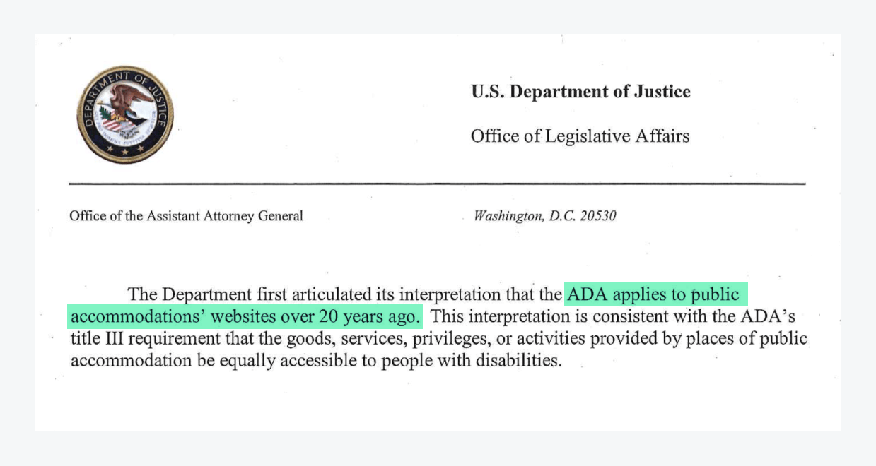 US department of justice letter to congress regarding ADA compliance and web accessiblity