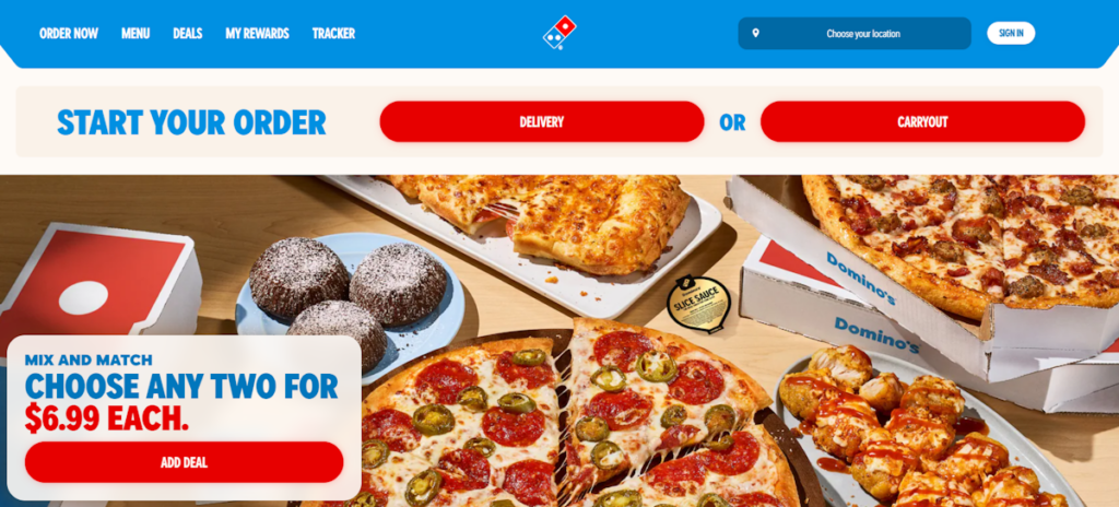 screenshot of the dominos pizza website