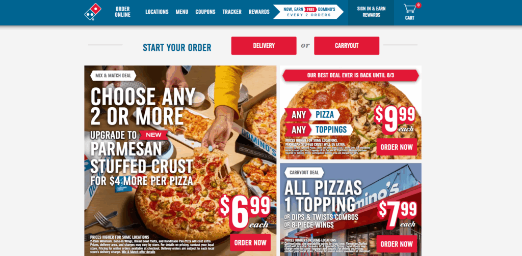 screenshot of domino's pizza website