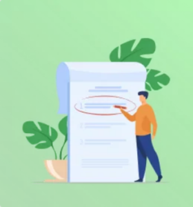 Illustration of character circling text on checklist against a green background with plants