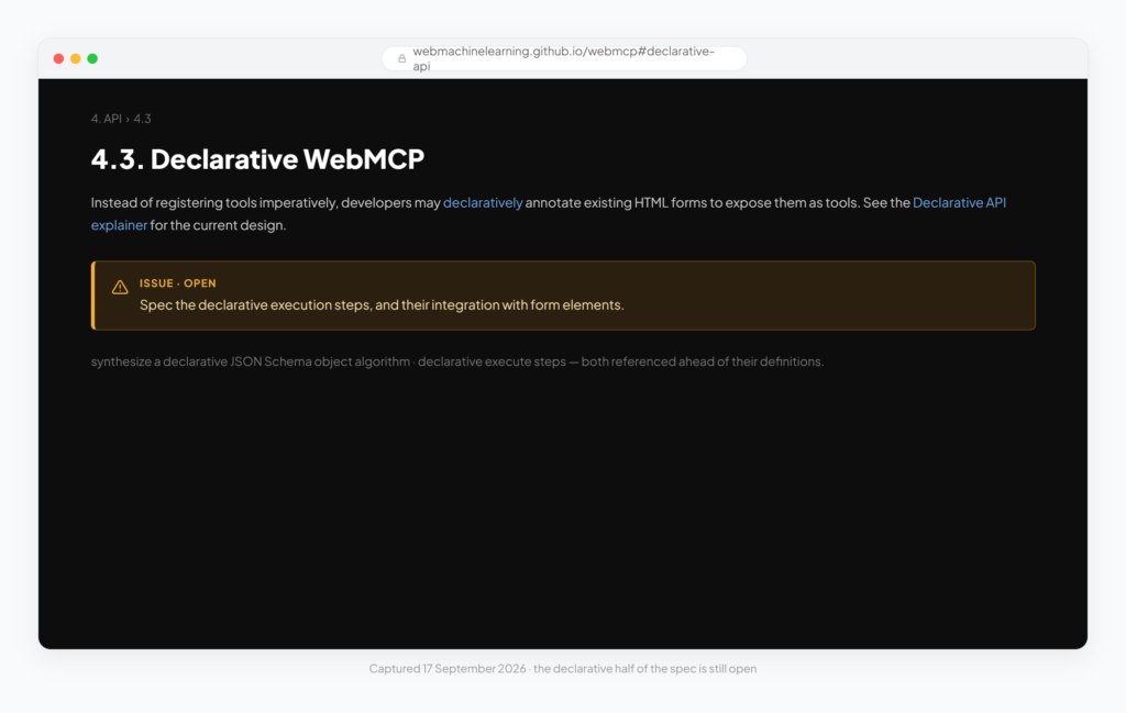 WebMCP declarative API status screenshot