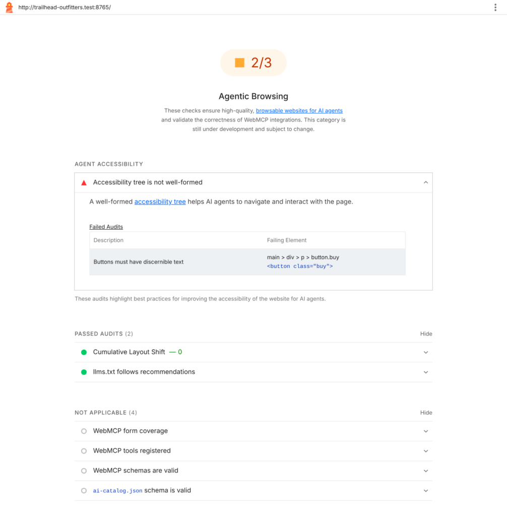 lighthouse agentic browsing screenshot